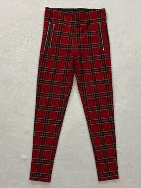 Zara Red Plaid Zipper Detail High Waisted Skinny Pull-on Pants Women’s Size S